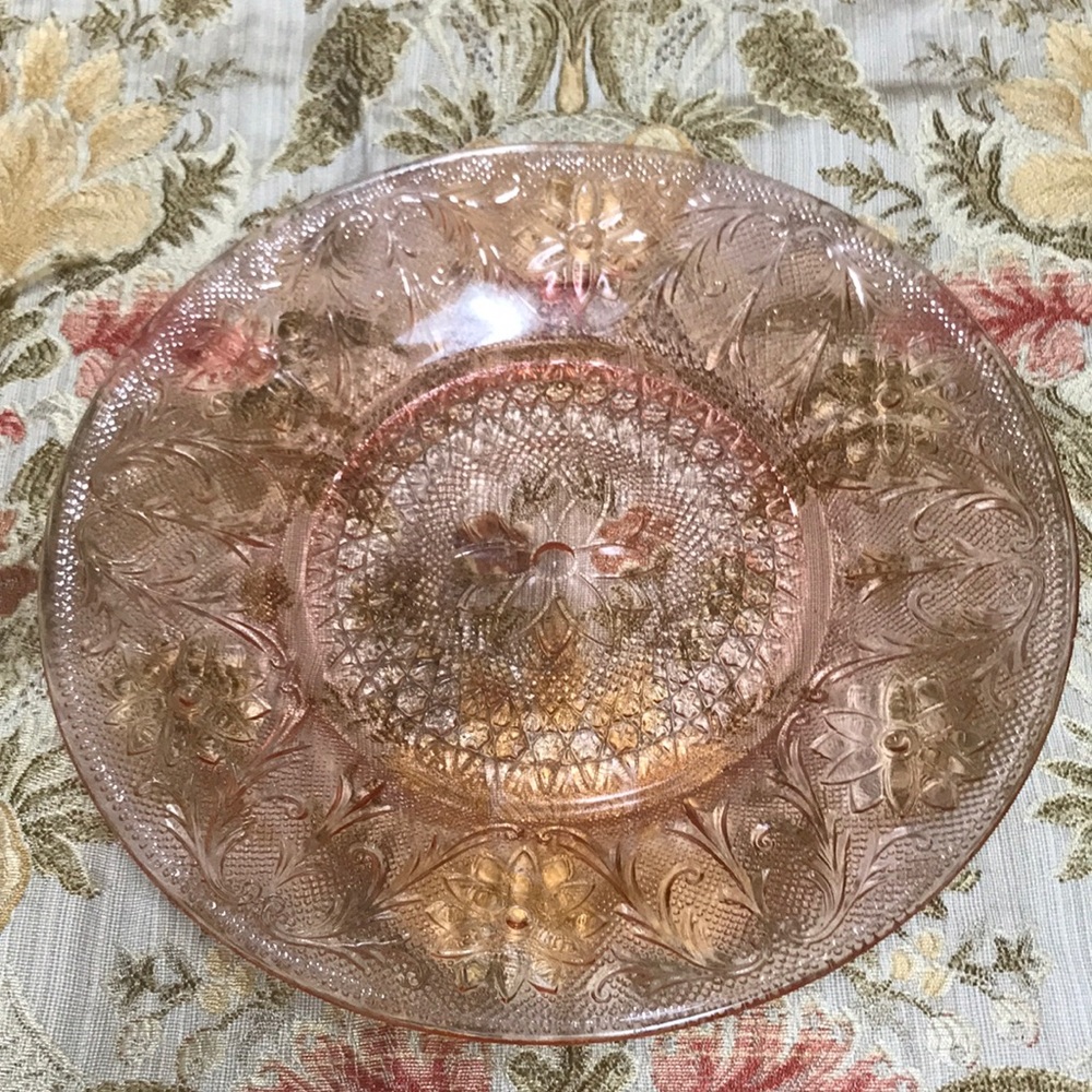 Vintage Pink Depression Glass Saucer Floral Scroll Pattern Jeannette Glass 1930s